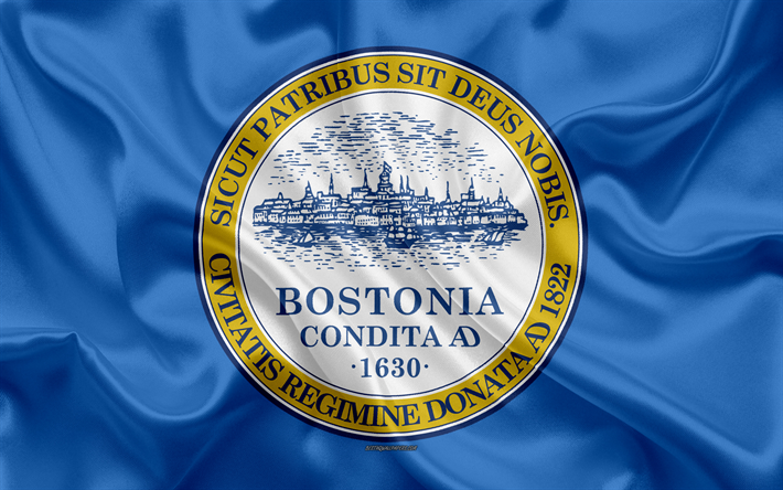 Lippu Boston, 4k, silkki tekstuuri, Amerikkalainen kaupunki, sininen silkki lippu, Boston lippu, Massachusetts, USA, art, Yhdysvallat, Boston