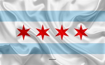 Flag of Chicago, 4k, silk texture, american city, blue white silk flag, Chicago flag, Illinois, USA, art, United States of America, Chicago