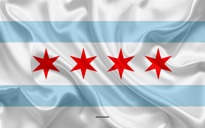 Drapeau de Chicago, 4k, soie, texture, ville am&#233;ricaine, bleu de soie blanche, drapeau, drapeau de Chicago, Illinois, etats-unis, de l&#39;art, &#201;tats-unis d&#39;Am&#233;rique, Chicago