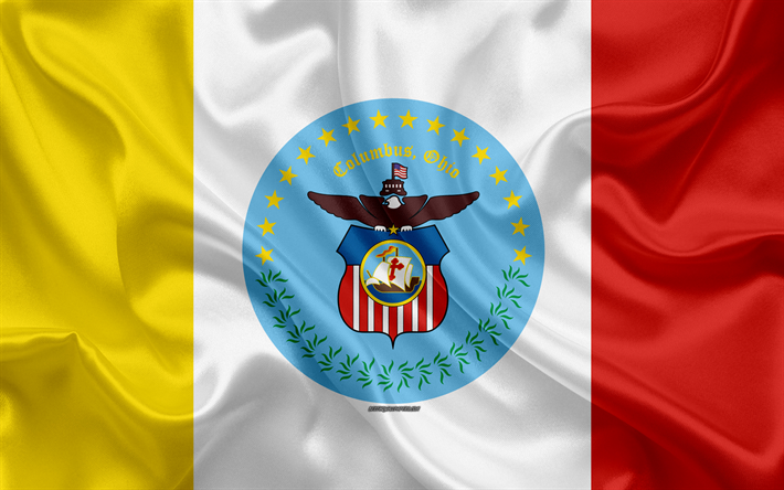 Amerika Columbus bayrak, 4k, ipek doku, Amerikan şehir, sarı-beyaz kırmızı ipek bayrak, bayrak, Columbus, Ohio, ABD, art, Amerika Birleşik Devletleri