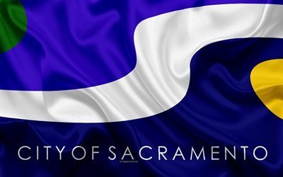 Flag of Sacramento, 4k, silk texture, American city, blue silk flag, Sacramento flag, California, USA, art, United States of America, Sacramento