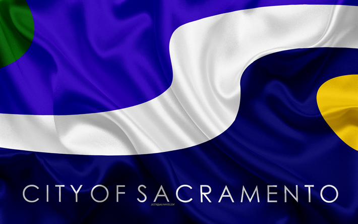 Bandiera di Sacramento, 4k, seta, texture, citt&#224; Americana, in seta blu, bandiera, Sacramento bandiera, California, USA, arte, Stati Uniti d&#39;America, Sacramento