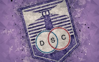 Defensor Sporting, 4k, logotyp, geometriska art, Uruguay football club, lila bakgrund, Uruguay Primera Division, Montevideo, Uruguay, fotboll, kreativ konst