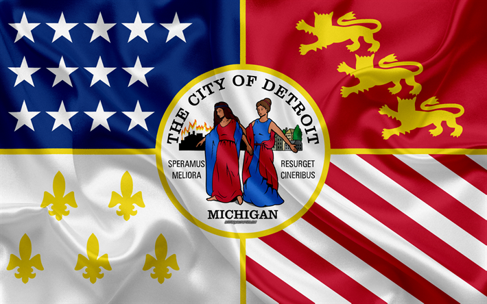Flaggan i Detroit, 4k, siden konsistens, Amerikansk stad, f&#228;rgade silk flag, Detroit flagga, Michigan, USA, konst, F&#246;renta Staterna, Detroit