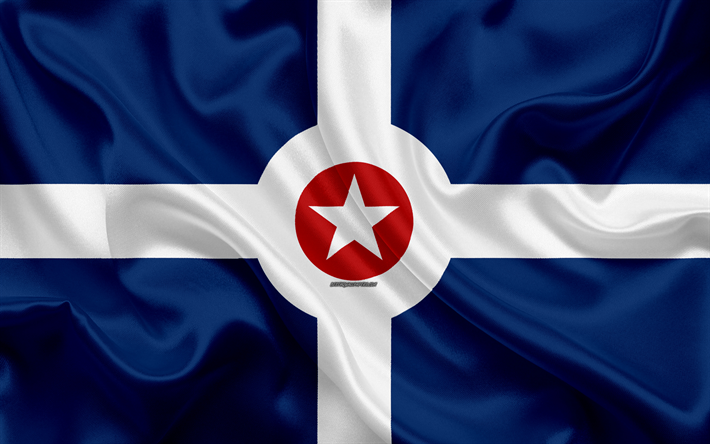 Bandeira de Indianapolis, 4k, textura de seda, cidade americana, azul de seda branca bandeira, Indianapolis bandeira, Indiana, EUA, arte, Estados unidos da Am&#233;rica, Indianapolis