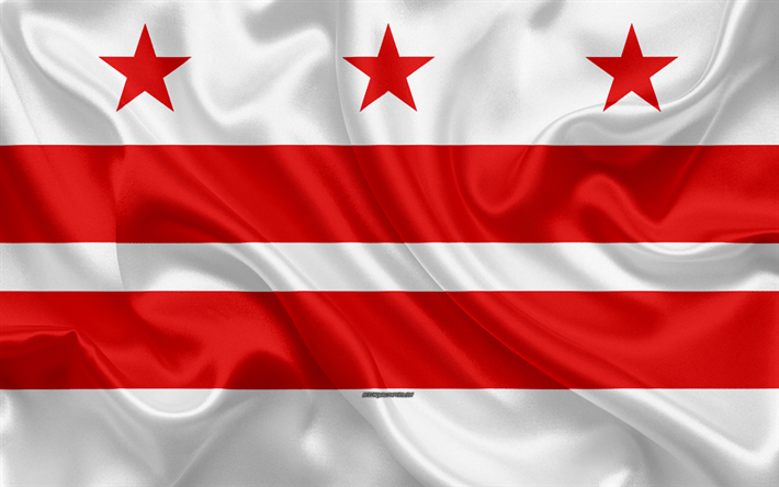 العلم من واشنطن, 4k, نسيج الحرير, مقاطعة كولومبيا, مدينة أمريكية, الأحمر الأبيض الحرير العلم, واشنطن العلم, كولومبيا, الولايات المتحدة الأمريكية, الفن, واشنطن
