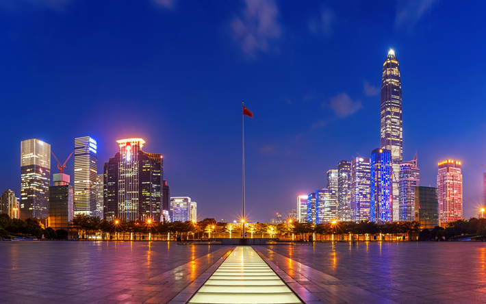 Ping An Finance Centre, 4k, Ping An IFC, skyscrapers, square, Chinese flag, Shenzhen, China, Asia