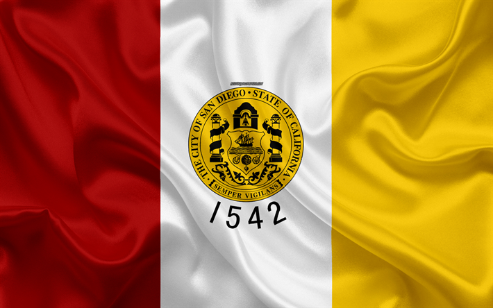 Lippu San Diego, 4k, silkki tekstuuri, amerikkalainen kaupunki, punainen valkoinen keltainen lippu, San Diego lippu, California, USA, art, Yhdysvallat, San Diego