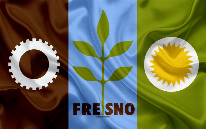Bandera de Fresno, 4k, de seda, de la textura, de la ciudad Estadounidense, marr&#243;n, azul y amarillo de la bandera, Fresno de la bandera, California, estados UNIDOS, el arte, los Estados unidos de Am&#233;rica, Fresno