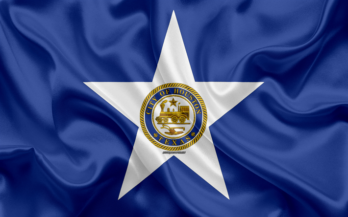 Lipun Houston, 4k, silkki tekstuuri, Amerikkalainen kaupunki, sininen silkki lippu, Houston lippu, Texas, USA, art, Yhdysvallat, Houston