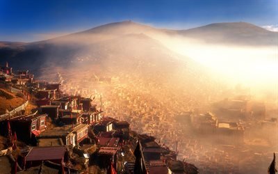 Seda Monastery, 4k, Seda, fog, Sertar, Kham Tibet, Asia