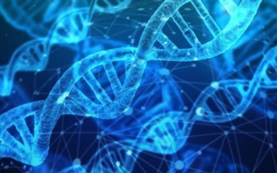 DNA, digital art, close-up, helix structure, blue neon