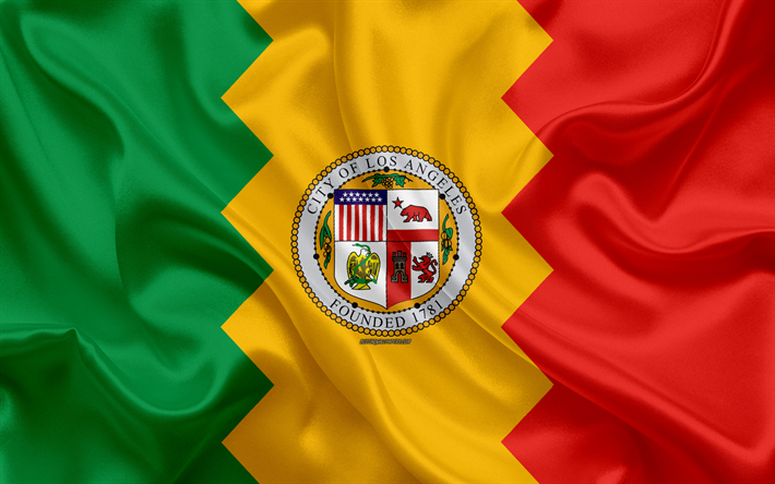 Flag of Los Angeles, 4k, silk texture, american city, red yellow green silk flag, Los Angeles flag, California, USA, art, United States of America, Los Angeles