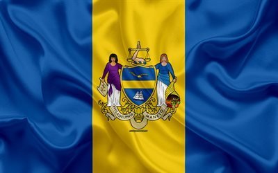 Flag of Philadelphia, 4k, silk texture, American city, blue yellow silk flag, Philadelphia flag, Pennsylvania, USA, art, United States of America, Philadelphia