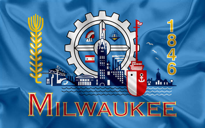 Flagga av Milwaukee, 4k, siden konsistens, Amerikansk stad, bl&#229; silk flag, Milwaukee flagga, Wisconsin, USA, konst, F&#246;renta Staterna, Milwaukee