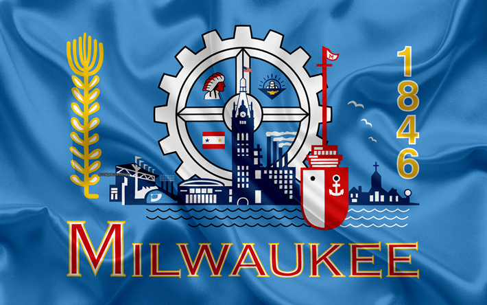 flag of milwaukee, 4k, seide textur, amerikanische stadt, blauer seide-flag, milwaukee flagge, wisconsin, usa, kunst, vereinigte staaten von amerika, milwaukee