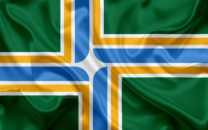 Bandiera di Portland, 4k, seta, texture, citt&#224; Americana, di seta verde bandiera, Portland bandiera, Oregon, USA, arte, Stati Uniti d&#39;America, Portland