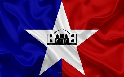 Flag of San Antonio, 4k, silk texture, american city, blue red silk flag, San Antonio flag, Texas, USA, art, United States of America, San Antonio