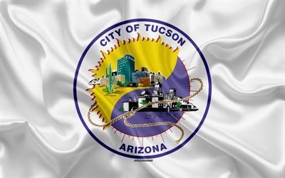 Flaggan i Tucson, 4k, siden konsistens, Amerikansk stad, vit silk flag, Tucson flagga, Arizona, USA, konst, F&#246;renta Staterna, Tucson