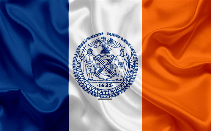 العلم من مدينة نيويورك, 4k, نسيج الحرير, مدينة أمريكية, أزرق أبيض من الحرير البرتقالي العلم, نيويورك مدينة العلم, مدينة نيويورك, الولايات المتحدة الأمريكية, الفن, نيويورك