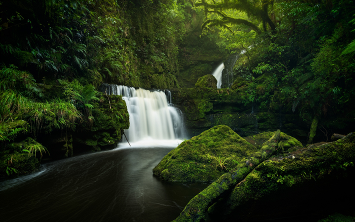 beautiful waterfall, Tautuku River, mountain river, Lower McLean Falls, cliffs, green moss, Catlins Forest Park, New Zealand