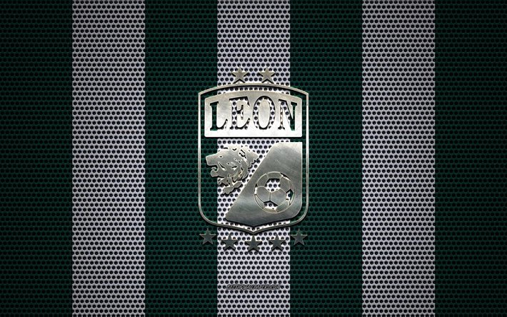 Club Leon logo, Mexican football club, metal emblem, green white metal mesh background, Club Leon, Liga MX, Leon, Mexico, football