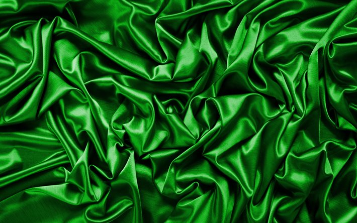 緑色のサテンの背景, 4k, 絹織, サテン波背景, グリーンバック, 朱子織, サテンの背景, 緑面