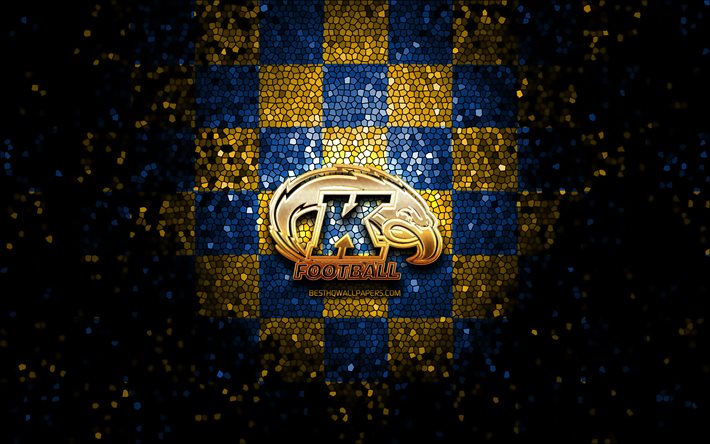 Di Stato di Kent Golden Mostrine, logo glitter, NCAA, blu, giallo, sfondo a scacchi, USA, squadra di football americano, di Stato di Kent Golden Mostrine logo, il mosaico, il football americano, l&#39;America