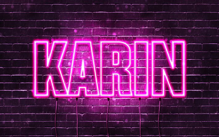 Karin, 4k, des fonds d&#39;&#233;cran avec des noms, des noms f&#233;minins, Karin nom, violet n&#233;on, Joyeux Anniversaire Karin, populaire japonais de noms de femmes, image avec Karin nom