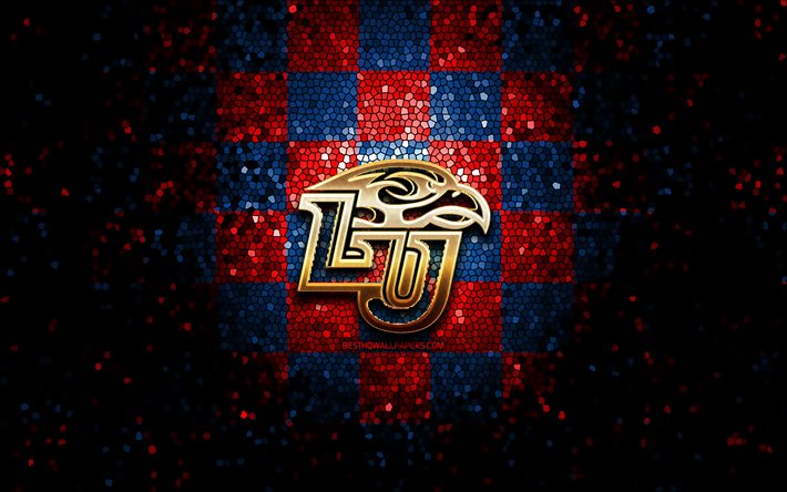 Liberty Flames, glitter logo, NCAA, red blue checkered background, USA, american football team, Liberty Flames logo, mosaic art, american football, America