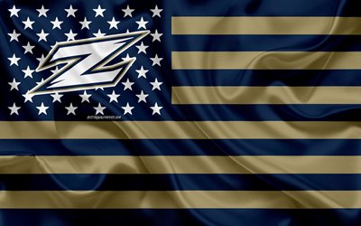 Akron Blixtl&#229;s, Amerikansk fotboll, kreativa Amerikanska flaggan, bl&#229;tt guld flagga, NCAA, Akron, Ohio, USA, Akron Blixtl&#229;s logotyp, emblem, silk flag