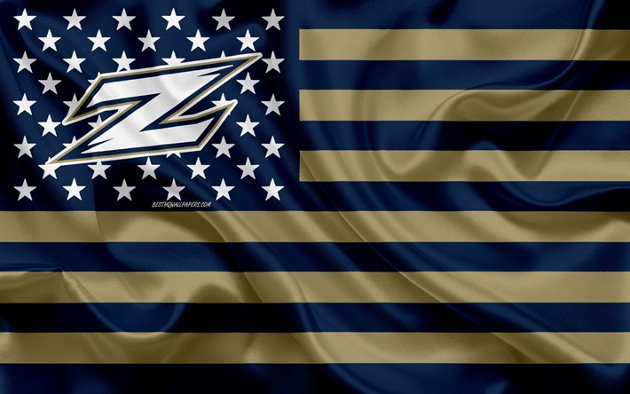 Akron Zips, squadra di football Americano, creativo, bandiera Americana, l&#39;oro blu della bandiera, NCAA, Akron, Ohio, USA, Akron fondo con Zip logo, stemma, bandiera di seta, il football Americano