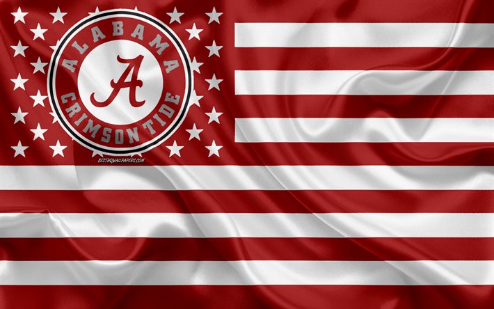 Alabama Crimson Tide, Amerikan futbol takımı, yaratıcı Amerikan bayrağı, kırmızı beyaz bayrak, NCAA, Tuscaloosa, Alabama, USA, Alabama Crimson Tide logo, amblem, ipek bayrak, Amerikan Futbolu
