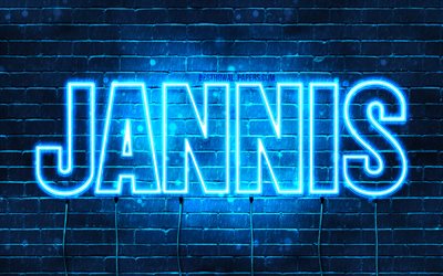 Jannis, 4k, wallpapers with names, horizontal text, Jannis name, Happy Birthday Jannis, popular german male names, blue neon lights, picture with Jannis name