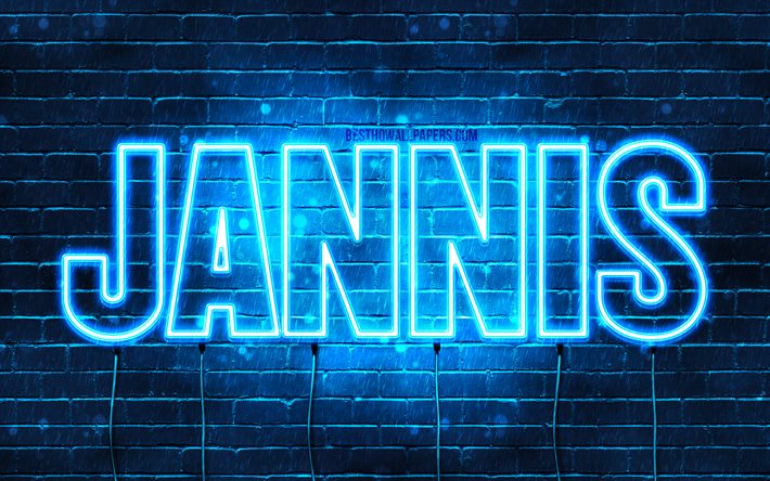Jannis, 4k, pap&#233;is de parede com os nomes de, texto horizontal, Jannis nome, Feliz Anivers&#225;rio Jannis, popular alem&#227;o nomes masculinos, luzes de neon azuis, imagem com Jannis nome