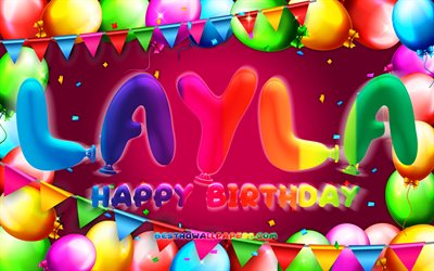 お誕生日おめでLayla, 4k, カラフルバルーンフレーム, Layla名, 紫色の背景, Laylaお誕生日おめで, Layla誕生日, 人気のアメリカ女性の名前, 誕生日プ, Layla