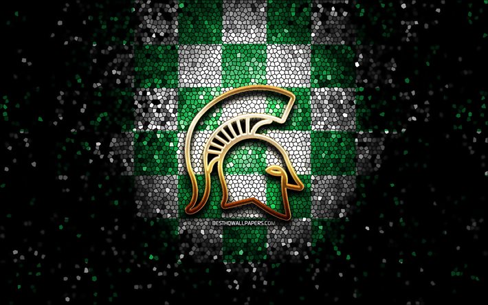 Michigan State Spartans, glitter, logo, NCAA, verde, bianco, sfondo a scacchi, USA, squadra di football americano, Michigan State Spartans logo, il mosaico, il football americano, l&#39;America