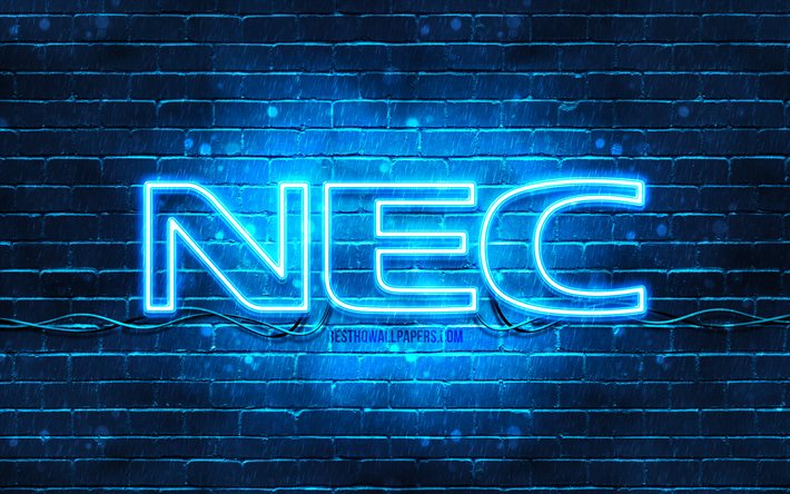 NEC logo azul, 4k, azul brickwall, NEC logotipo, marcas, NEC ne&#243;n logotipo de NEC