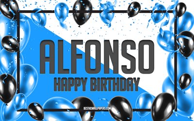 Happy Birthday Alfonso, Birthday Balloons Background, Alfonso, wallpapers with names, Alfonso Happy Birthday, Blue Balloons Birthday Background, greeting card, Alfonso Birthday