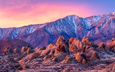 Alabama Hills, red rocks, illalla, sunset, mountain maisema, Itä Sierra, Inyo County, California, USA