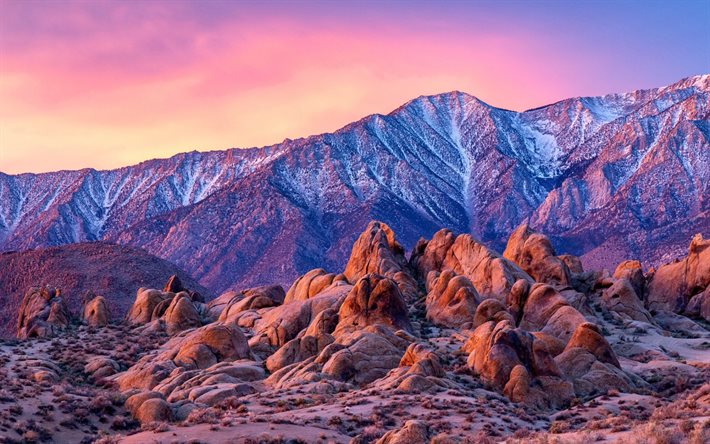 Alabama Hills, red rocks, illalla, sunset, mountain maisema, It&#228; Sierra, Inyo County, California, USA