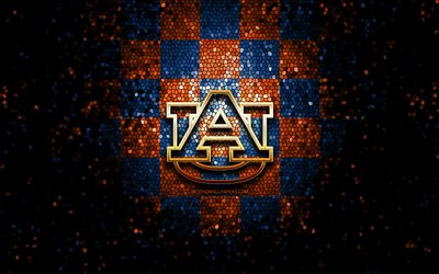 Auburn Tigers, glitter logo, NCAA, blue orange checkered background, USA, american football team, Auburn Tigers logo, mosaic art, american football, America