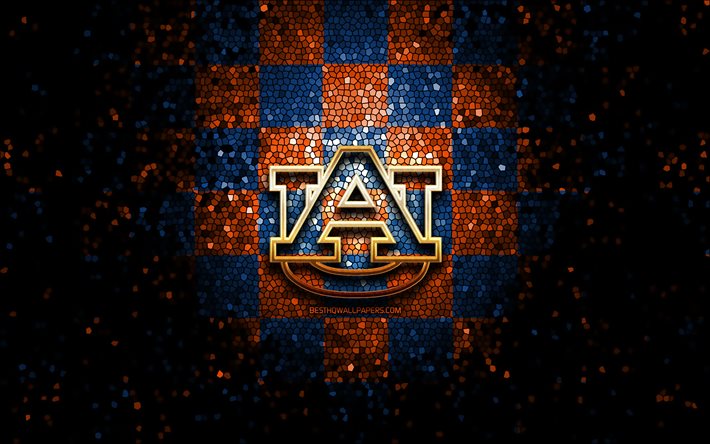 Auburn Tigers, glitter logotipo, NCAA, azul laranja fundo quadriculado, EUA, time de futebol americano, Auburn Tigers logotipo, arte em mosaico, futebol americano, Am&#233;rica