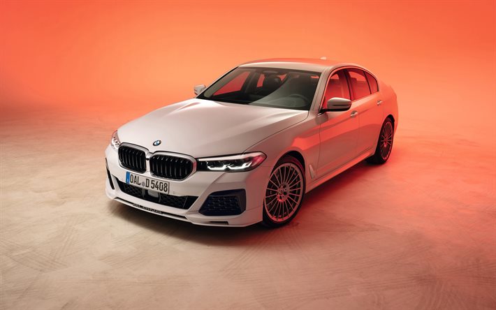 Alpina B5 Limusina, 2020, 4k, vista de frente, exterior, nuevo blanco B5 Limusina, el ajuste de la M5, los coches alemanes, el BMW M5 de la Competencia, BMW