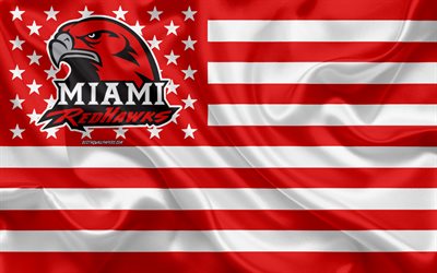 Miami RedHawks, Amerikkalainen jalkapallo joukkue, luova Amerikan lippu, puna-valkoinen lippu, NCAA, Oxford, Ohio, USA, Miami RedHawks logo, tunnus, silkki lippu, Amerikkalainen jalkapallo