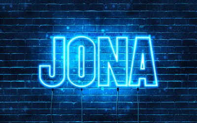 Jona, 4k, les papiers peints avec les noms, le texte horizontal, Jona nom, Joyeux Anniversaire Jona, populaire allemand des noms masculins, bleu n&#233;on, photo avec Jona nom