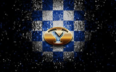 Brigham Young Cougars, glitter logo, NCAA, blue white checkered background, USA, american football team, Brigham Young Cougars logo, mosaic art, american football, America