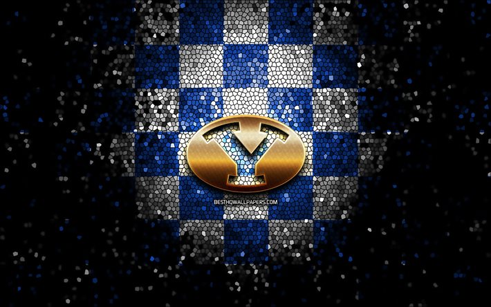 Brigham Young Cougars, glitter logotyp, NCAA, bl&#229;-vit rutig bakgrund, USA, amerikansk fotboll, Brigham Young Cougars logotyp, mosaik konst, Amerika