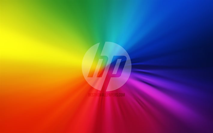 Logotipo de HP, 4k, vortex, Hewlett-Packard, arco iris fondos, creativos, dise&#241;os, marcas, HP, Hewlett-Packard logotipo