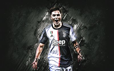 Paulo Dybala, Juventus FC, muotokuva, Argentiinalainen jalkapalloilija, harmaa kivi tausta, creative art, Sarja, Italia